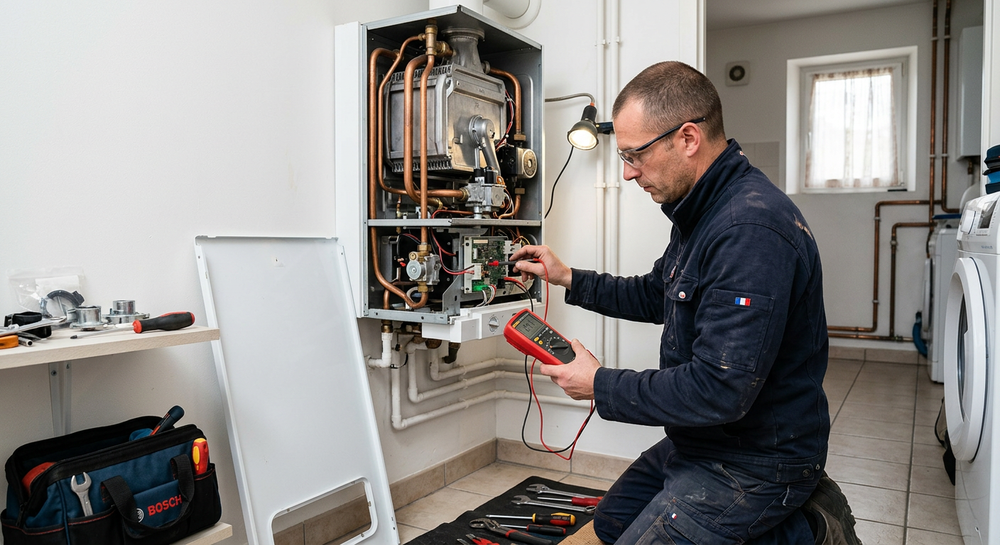 Chauffagiste réparant une chaudière gaz murale à Poissy
