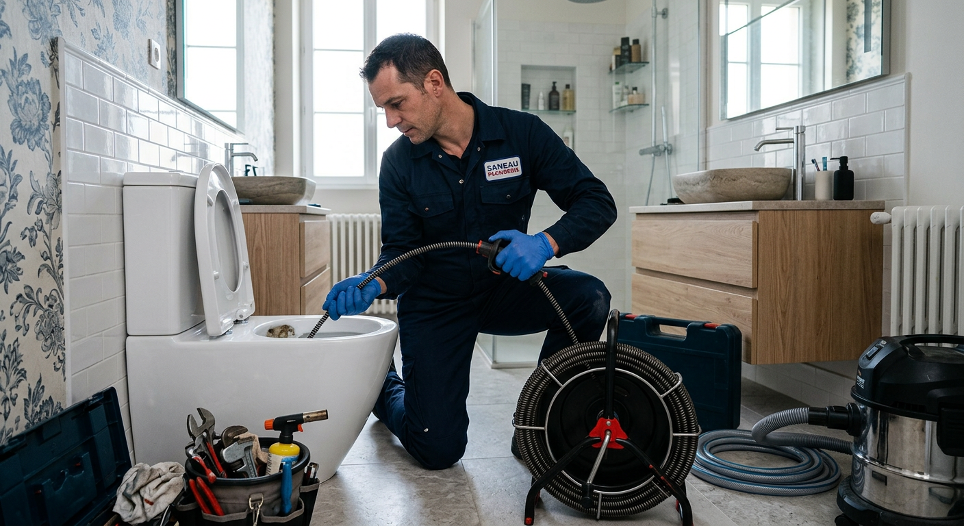 Plombier débouchant des WC avec un furet électrique à Poissy
