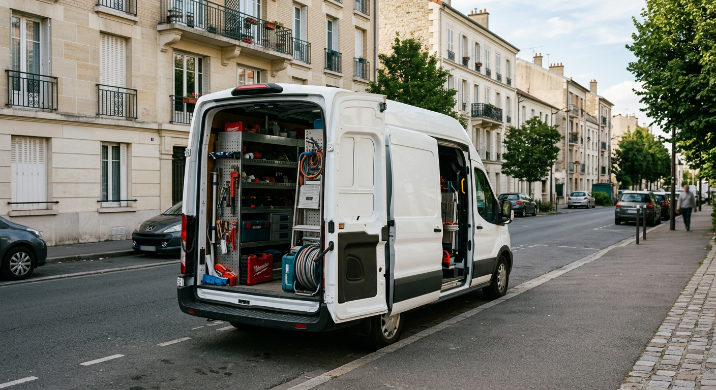 Camionnette plombier Ateliers Plombier Poissy en intervention dans les Yvelines